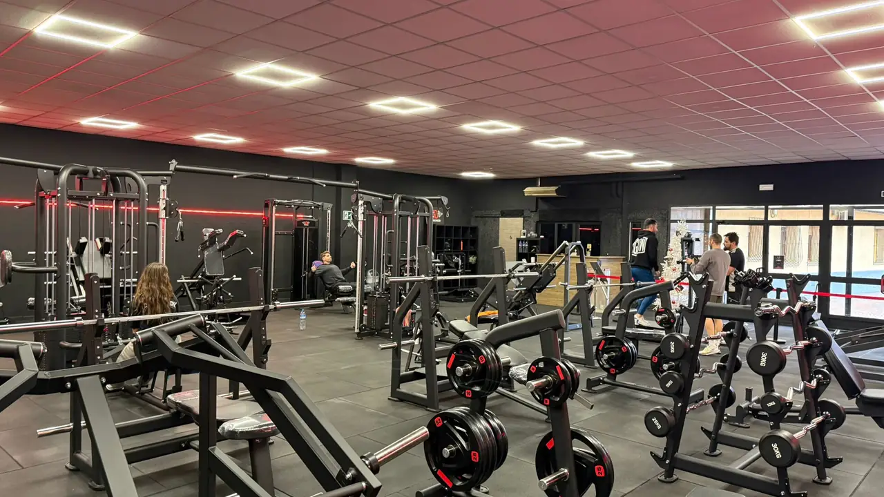 Sala de fuerza de JD Trainer con máquinas de palanca, poleas y paneles LED en el techo